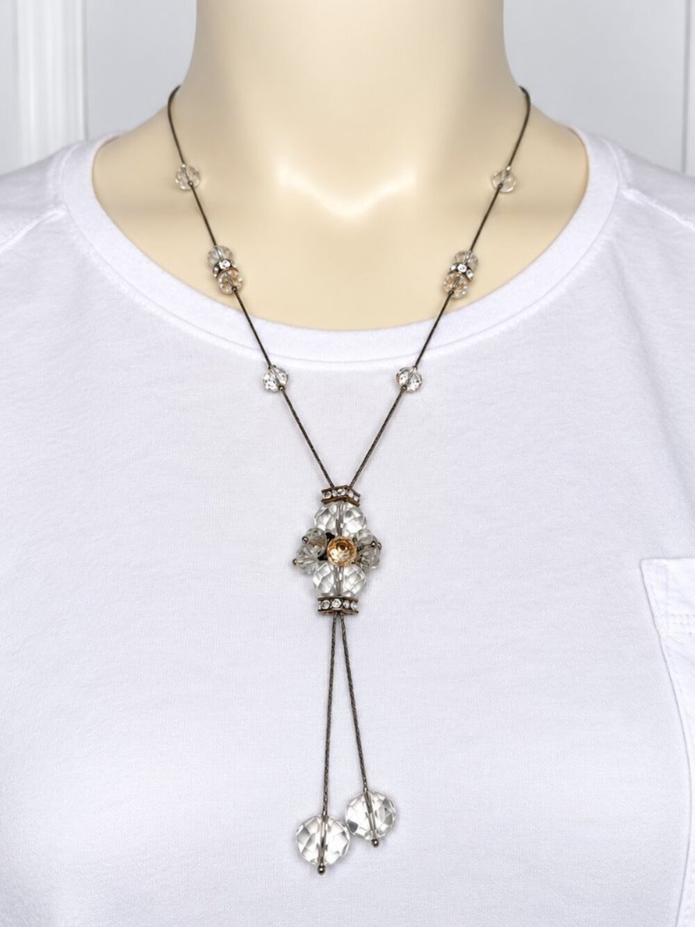 Crystal Flower Lariat Necklace Rhinestone Silver Tone Dangle